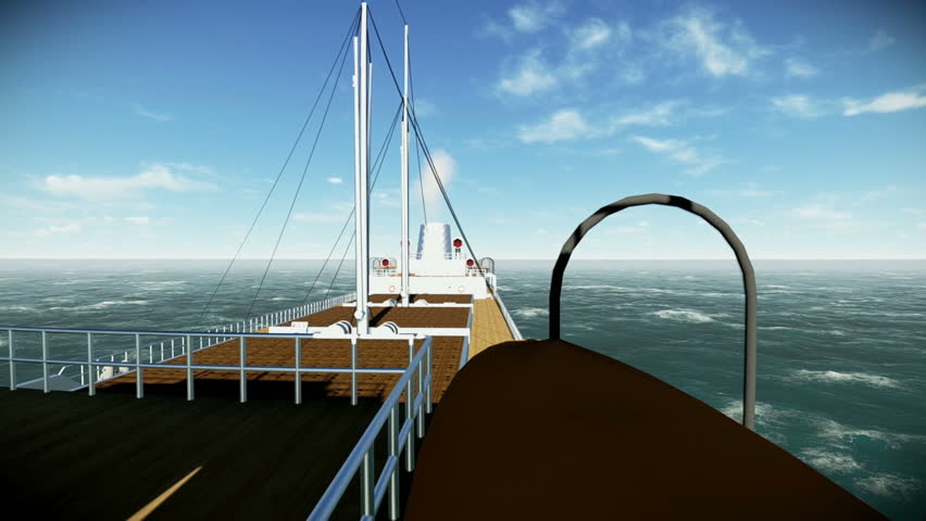 Camera flying past a large ship