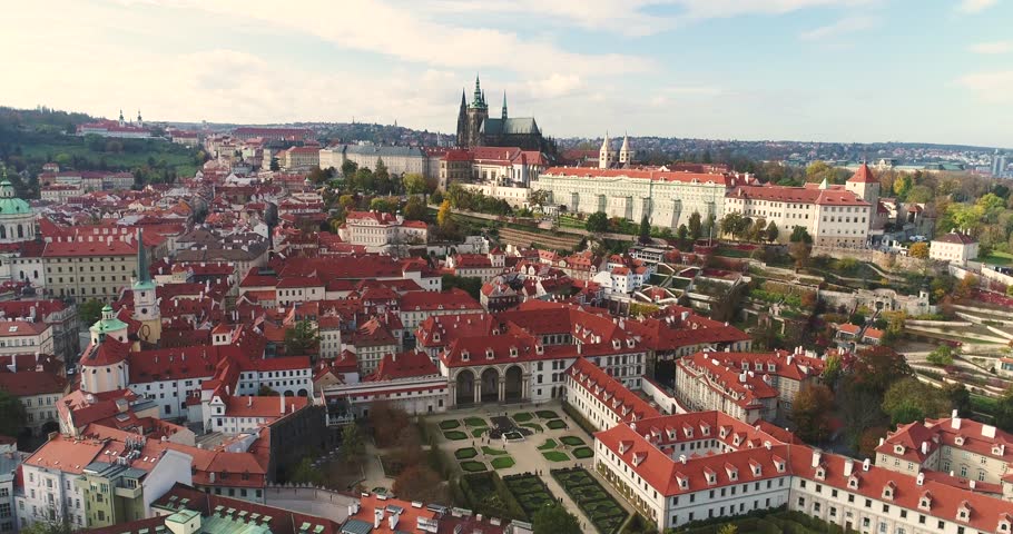 Panorama of Prague, aerial of the city, view from above on the cityscape of Prague, flight over the city, Area Old Town, Prague Castle and Vltava River, Czech Republic, Prague, October 2017 Royalty-Free Stock Footage #32827774