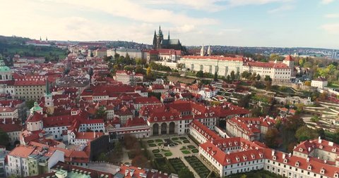 Panorama of Prague, aerial of the city, view from above on the cityscape of Prague, flight over the city, Area Old Town, Prague Castle and Vltava River, Czech Republic, Prague, October 2017