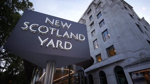 LONDON, UK – NOVEMBER 10TH, 2017:New Scotland Yard sign.

Rotating New Scotland Yard sign outside the headquarters of the London Metropolitan police.
