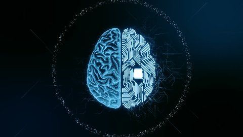 Artificial intelligence (AI) brain animation, data mining, deep learning modern computer technologies concepts. Brain representing artificial intelligence with printed circuit board (PCB) design.