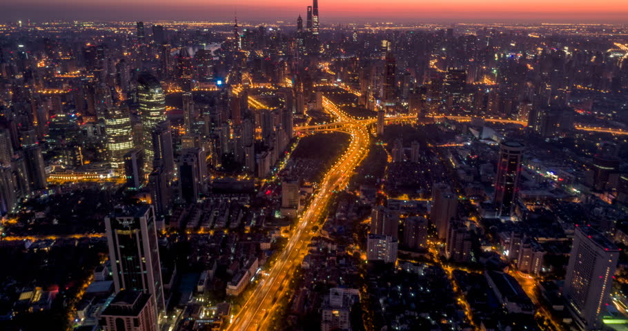 Aerial view of Shanghai at dawn, time lapse