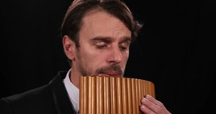 Talented Musician Play Pan Flute Romanian Instrument Closeup Shot Man Performing