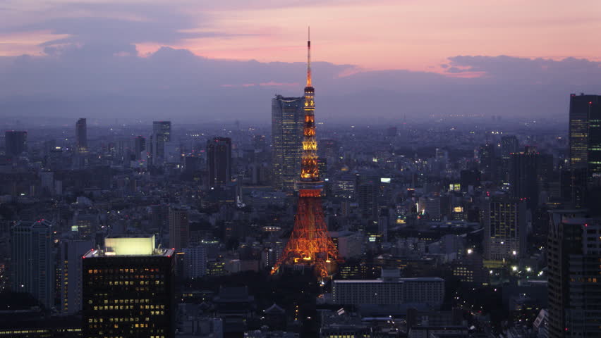 Japan Tokyo Aerial v142 Flying low along Minato cityscape Tokyo tower dusk 2/17