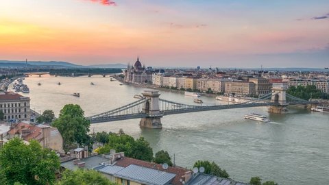 Budapest city skyline at Danube River day to night timelapse, Budapest, Hungary 4K time lapse