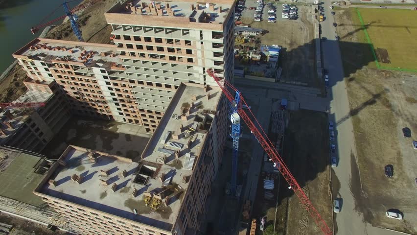 Aerial view: construction of the housing complex "European Bank", Novosibirsk, Russia