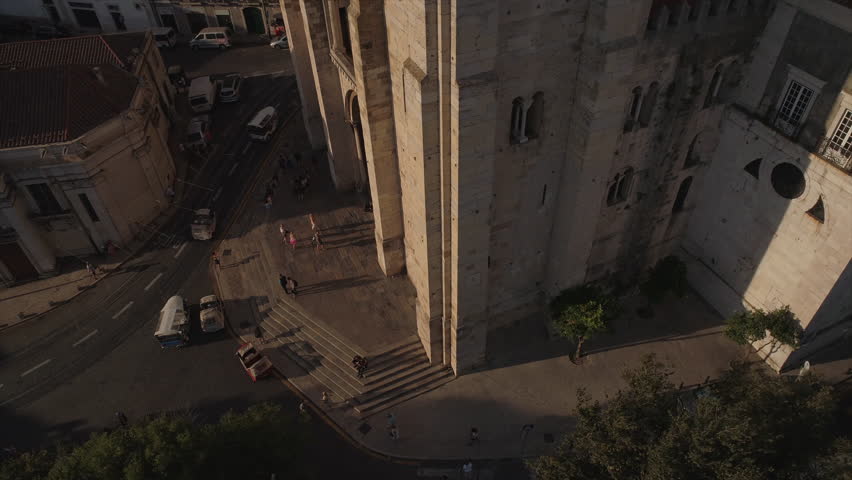 sunset time lisbon city famous cathedral aerial panorama 4k portugal
