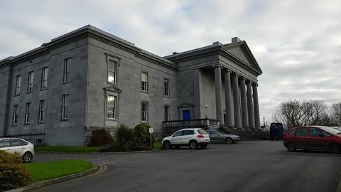 Ennis, Ireland - Nov 17th, 2017: Ennis Court Office, Offices & Maps and Courts Service of Ireland. Was built in 1850 in a Neoclassical style.