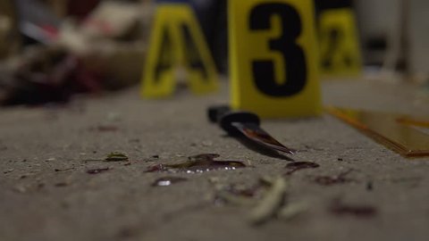 Knife bloody murder weapon detail. Part of a crime scene site at night collection. Forensic  police scientists working, looking for clues and evidence. Blood splatter analysis. In 4K, interior of a ho