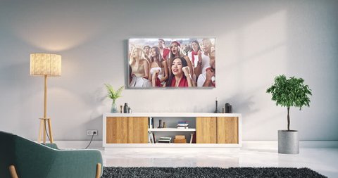 Footage of a living room led tv on white wall showing sport fans on a 3D rendered sports stadium.