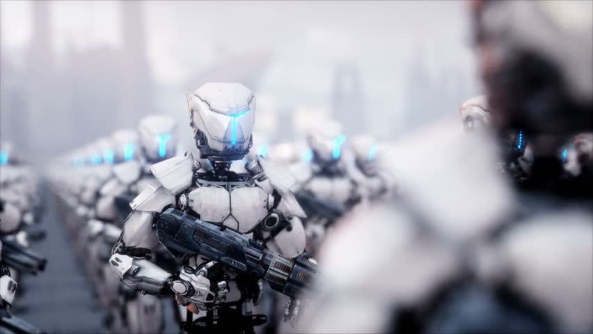 Invasion of military robots. Dramatic apocalypse super realistic concept. Future. 4k animation.