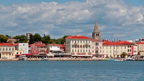 Nice morning cityscape of popular summer resort Porec. Colorful spring seascape of Adriatic Sea. Great  scene of Istrian Peninsula in western Croatia, Europe. Full HD video (High Definition).