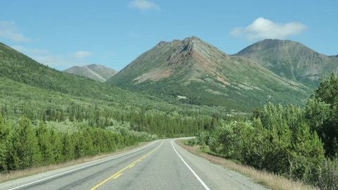 POV Driving Canadian Highway Wilderness Landscape Blue Sky Yukon