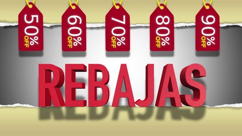Rebajas Red Text : Rebates (Sales) Word in Spanish, 3D Text Animation With Animated Red Discount Tags With Different Percentages - 4K Resolution Ultra HD
