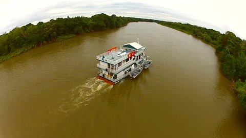 Aerial View of Boat on River, PANTANAL MT, Brazil