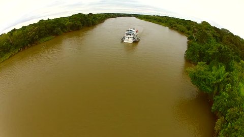 Aerial View of Boat on River, PANTANAL MT, Brazil