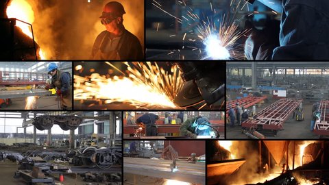 Metal industry split screen, welder, steel mill, grinding, cutting steel, foundry