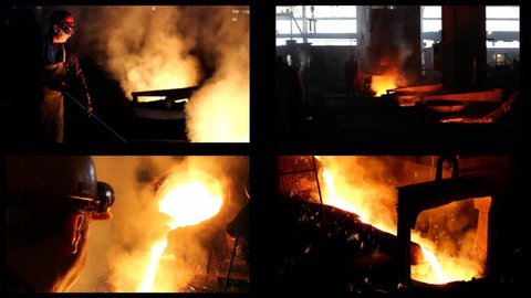 Hard work in the foundry, workers controlling iron smelting in furnaces, too hot and smoky working environment, split screen