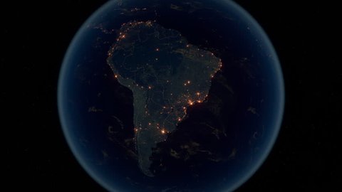 Zoom to South America. The Night View of City Lights. World Zoom Into South America - Planet Earth. Political Borders of South American Countries.  Super Detailed Space View Earth Zoom.
