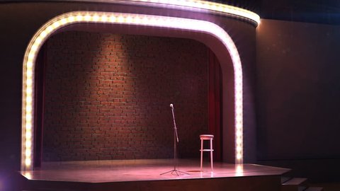 3D Animation. Vintage microphone on empty comedy club stage