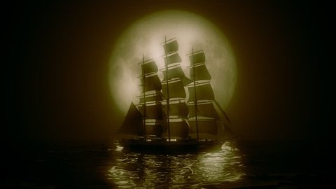 Highly stylized view of a Tall Ship illuminated by a full moon. 4K UHD. Rendered at 16-bit color depth.