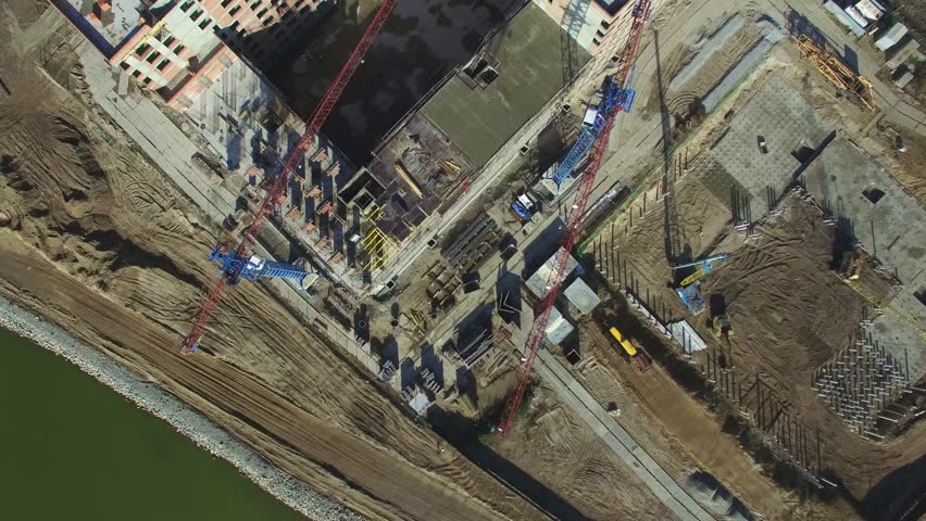 Aerial view from drone: construction of the housing complex "European Bank", Novosibirsk, Russia