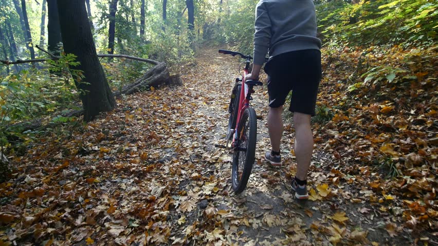 young man walking with a bicycle in the autumn park