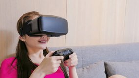 video of woman wear vr and play mobile game in living room at home