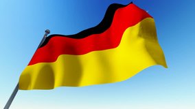Flag of Germany waving in the wind against blue sky. Three dimensional rendering video.