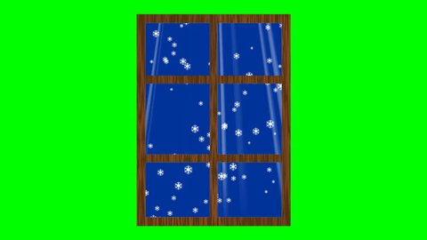 Window with falling snow and light rays. Animation on green screen.