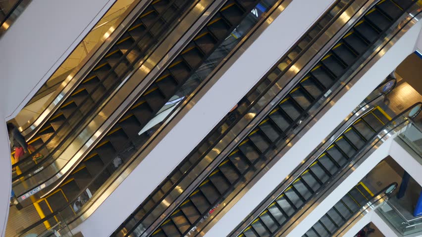 Empty Escalators in Big Shopping Mall Complex. 4K. Bangkok, Thailand.