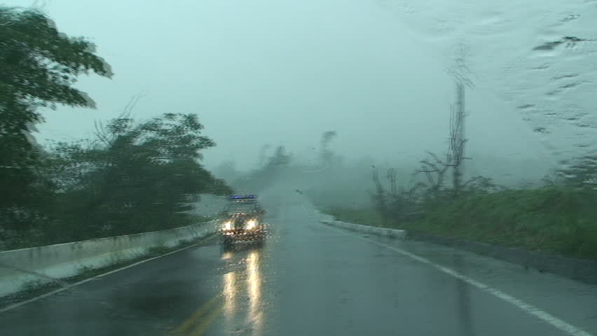 Driving In Severe Hurricane Wind And Rain.
