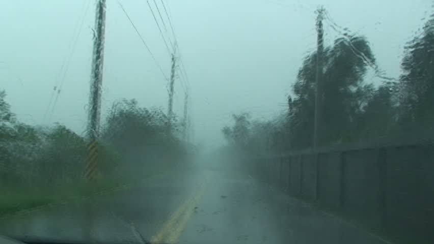 Driving In Severe Hurricane Wind And Rain.