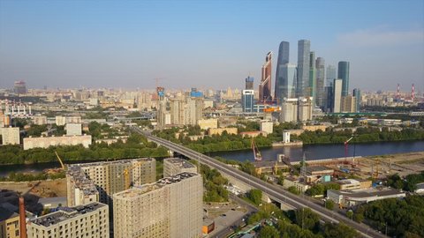 sunny day moscow modern city river traffic aerial panorama 4k russia