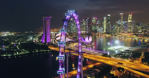 Aerial panning view of City Skyline at magic hour - Singapore 2017