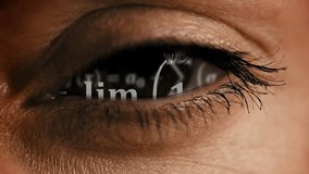 Zoom into eye iris to math equations mess and formulas flying and disappearing in distance. Science and mathematical research and development concept. - Powered by Shutterstock - Get 15% off with code: PIKWIZARD15