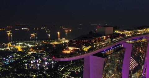 Aerial panning shot of Marina Bay revealing the City Skyline - Singapore 2017