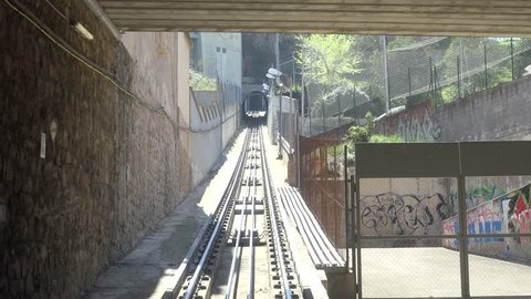 View of funicular transportation in Barcelona tunnel, POV Point of view train trip
