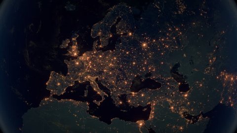 Zoom to Europe. The Night View of City Lights. World Zoom Into Europe - Planet Earth. Political Borders of European Countries: Russia, Germany, Turkey, France, United Kingdom, Italy, Spain, Poland.