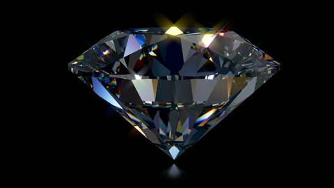 Big crystal clear round brilliant cut diamond standing on its point rotates on black mirror background. Close-up side view. Seamless loop 3D animation