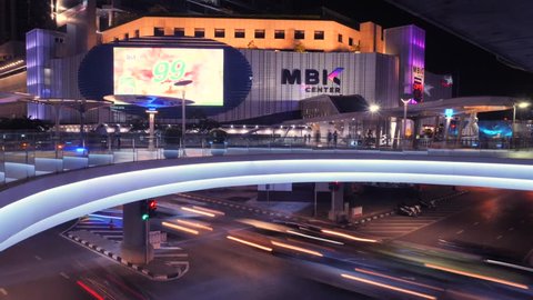 Bangkok Night Traffic Time Lapse. MBK Shopping Center. Thailand - 18 NOV 2017. 4K.