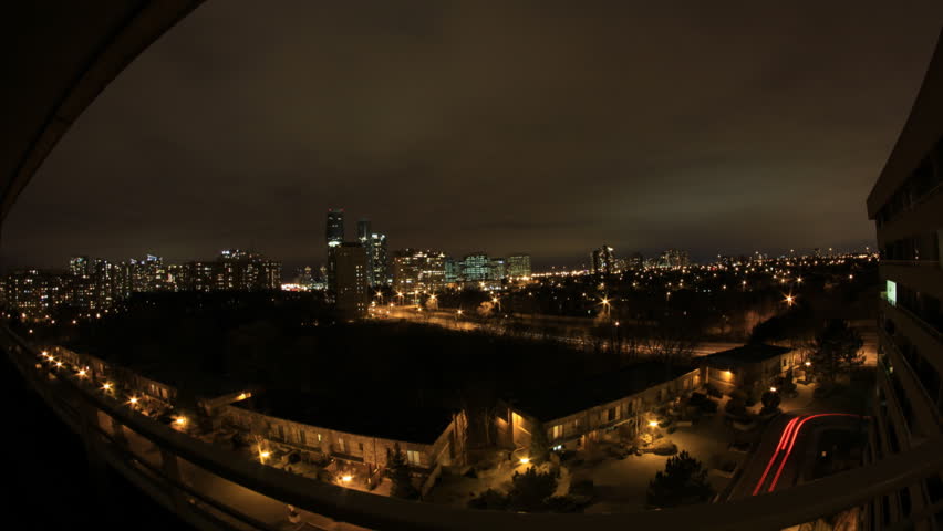 Night Time-Lapse Mississauga Fisheye. A view from a highrise balcony of