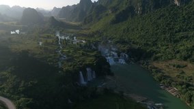 Stock footage aerial view of “ Ban Gioc “ waterfall, is one of the top 10 waterfalls in the world, Cao Bang, Vietnam.  