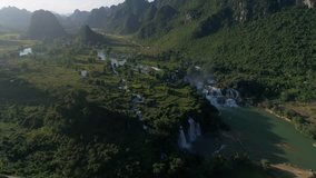 Stock footage aerial view of “ Ban Gioc “ waterfall, is one of the top 10 waterfalls in the world, Cao Bang, Vietnam.  