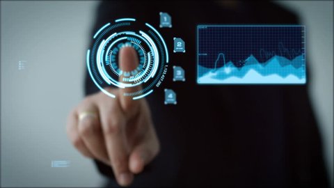 4K Business woman pointing finger on HUD And graph bar pi for Cyber futuristic concept technology element on the dark background
