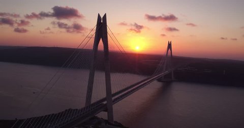Aerial view of the yavuz sultan selim Bridge in turkey. sunset. Shot from helicopter. 15