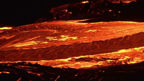 River of lava Night Glowing Hot flow from Kilauea Active Volcano Puu Oo Vent Active Volcano Magma