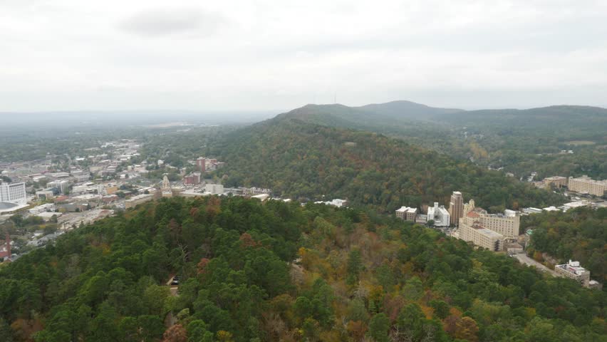 Aerial View of Hot Springs Arkansas Mountains Towns Building Road