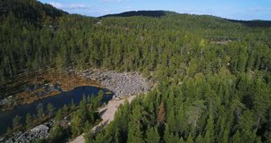 Arctic landscape, Cinema 4k aerial viewof pine tree forest, a lake and tunturi fjeld mountains, on a sunny autumn day, near Inari, in Lapland, Finland