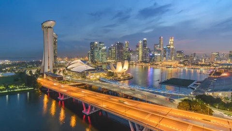 Singapore business district city skyline high angle view day to night timelapse, Marina Bay, Singapore 4K Time lapse